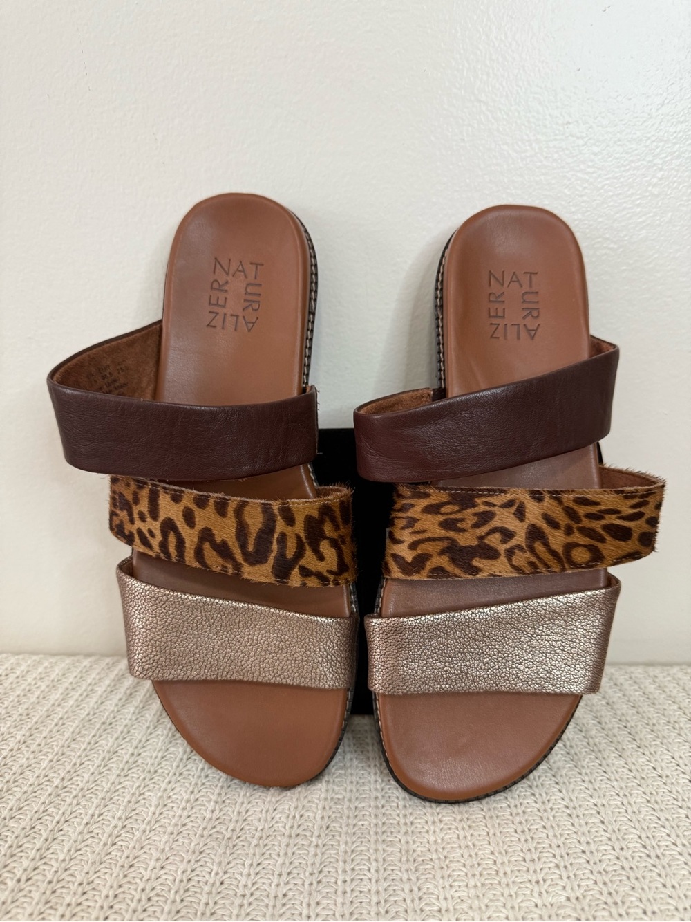 Naturalizer Brown Leather Leopard Metallic Strap Slide Sandals size 8.5W
